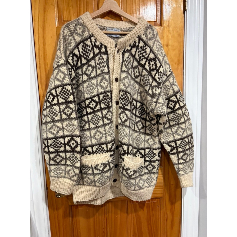 Vintage Joseph Anthony Hand-Knitted Wool Cardigan XL Nepal Chunky Fair Isle